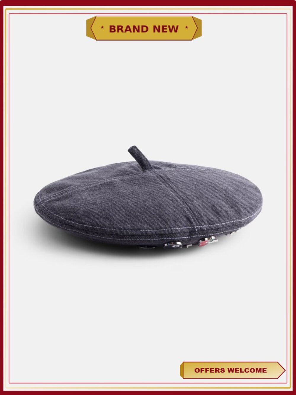 No Boundaries Women's Denim Beret Hat Charm Pins Adjustable Ties